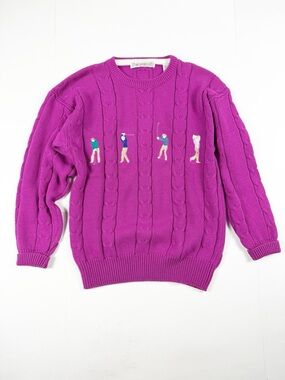 John Ashford Purple Cable-Knit Golf Embroidered Crewneck Sweater Medium Cotton